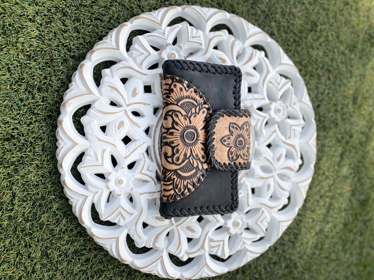 Flower Leather Wallet Vintage Black