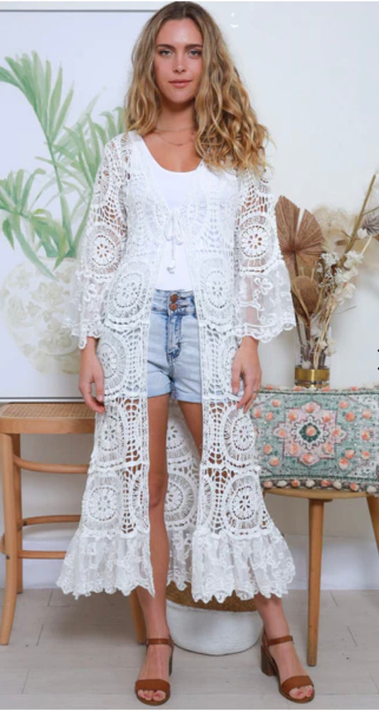 White Boho Lace/Crochet Long Overlay Wedding Cape