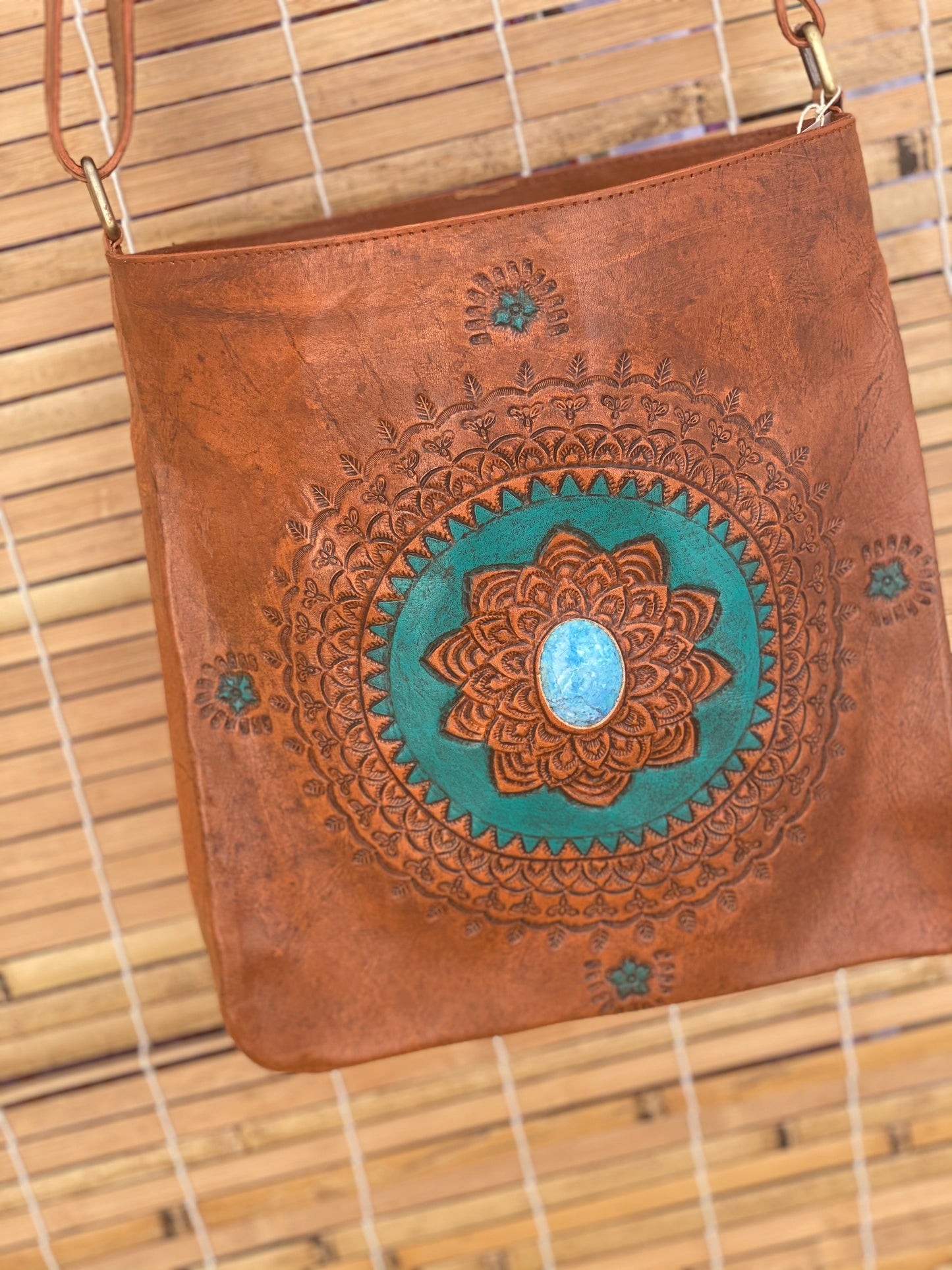 Mandala Leather Shoulder Bag with Turquoise