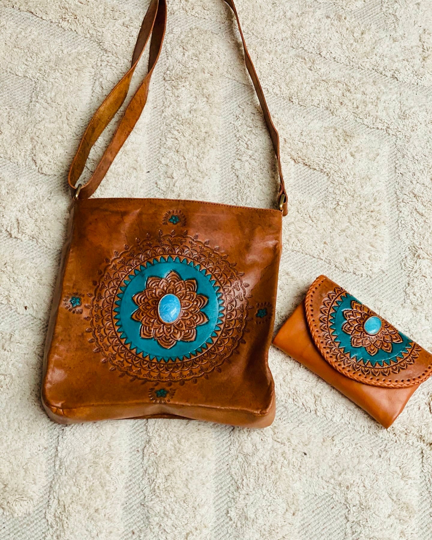 Mandala Leather Shoulder Bag with Turquoise