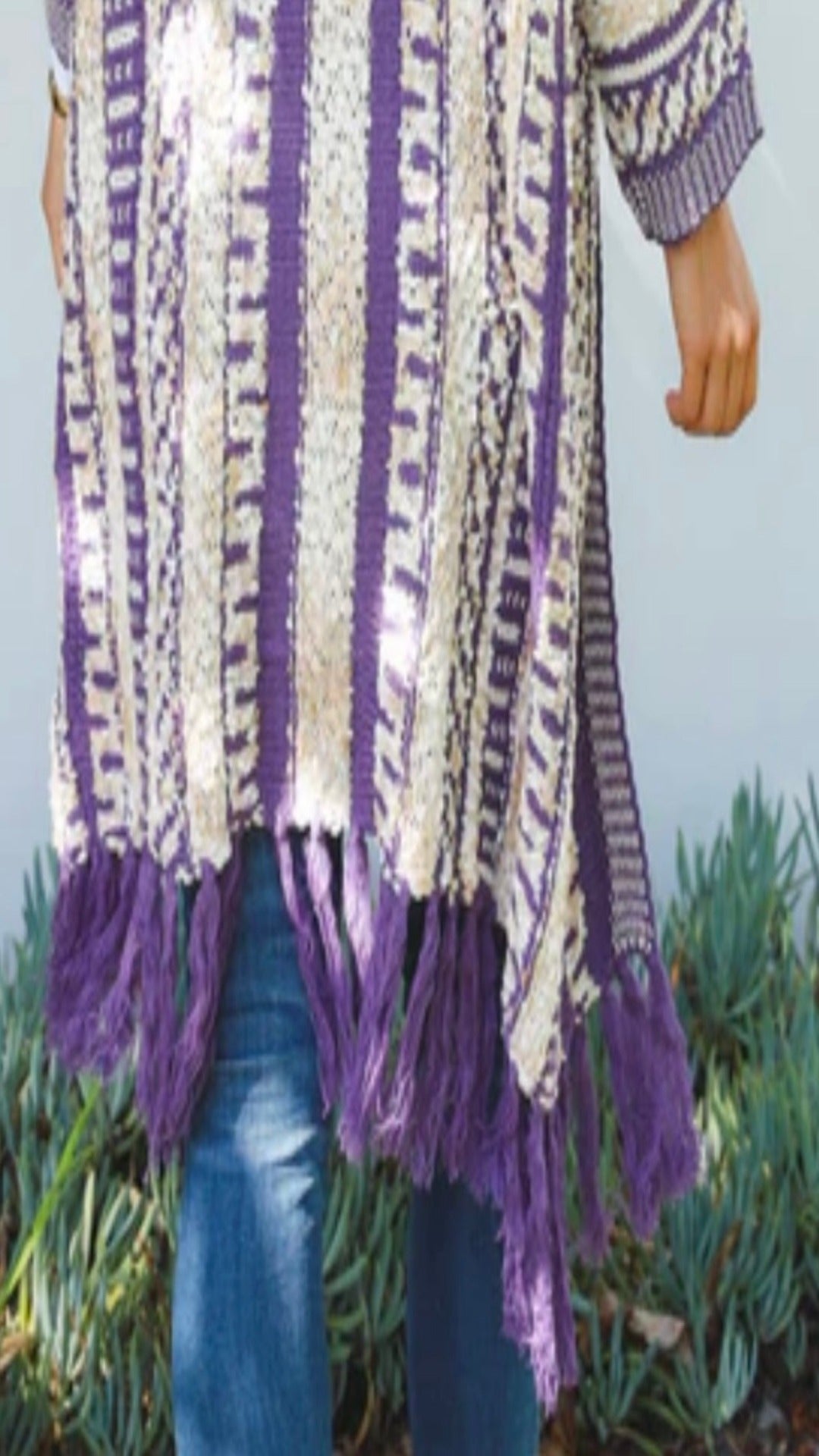 Chunky Knit Cardigan with Hoodie Purple stripe