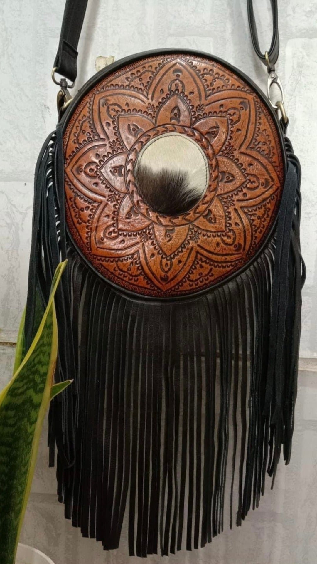 Mandala Round Black fringe Leather Bag