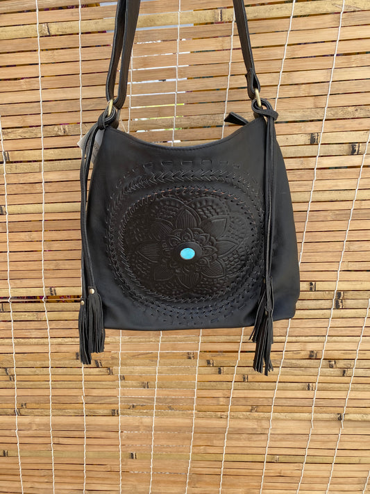 Leather shoulder Bag with Turquoise stone Black